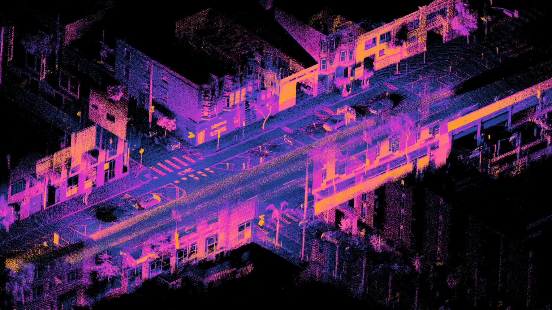 Nube de puntos de una intersección urbana de San Francisco registrada mediante LiDAR