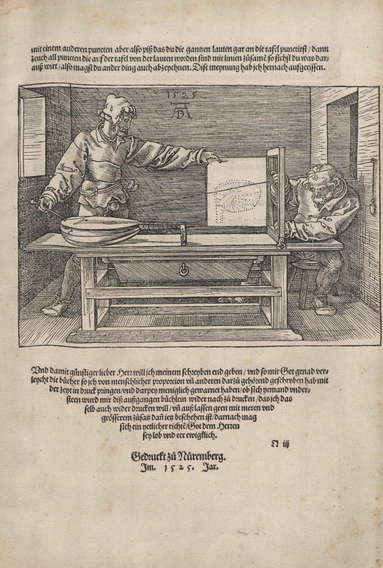 Grabado de Albrecht Dürer con dos hombres usando un aparato para trasladar puntos de un objeto a una lámina