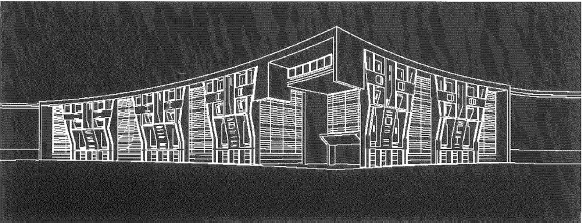 Dibujo de Roberto Doberti: alzado en línea de una nave curva con estructura interior, sobre fondo negro