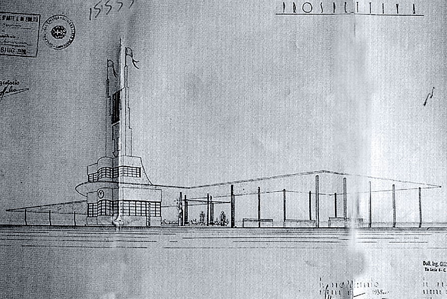 Dibujo original de Giuseppe Pettazzi: la elevación de la estación con las columnas presentadas al municipio