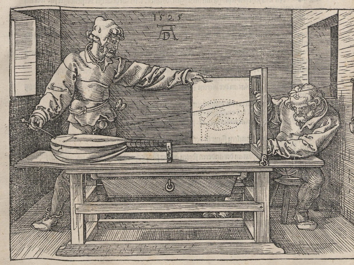 Grabado de Albrecht Dürer con dos hombres usando un aparato de perspectiva, 1525