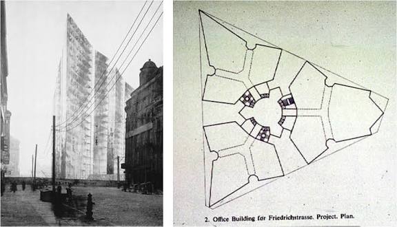 Perspectiva y planta del rascacielos de la Friedrichstraße